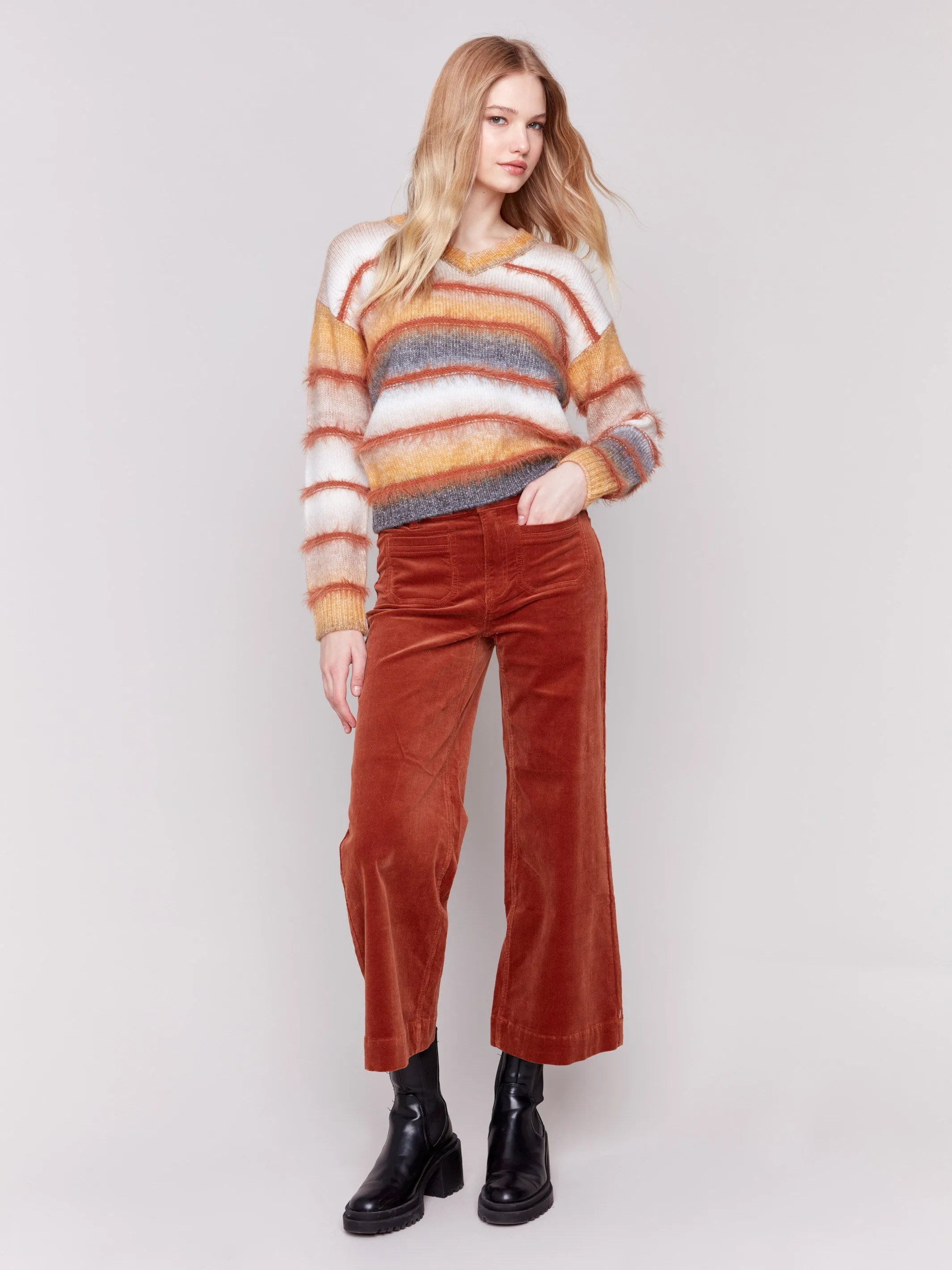 Space Dye Sweater with Striped Eyelash Yarn - Amber