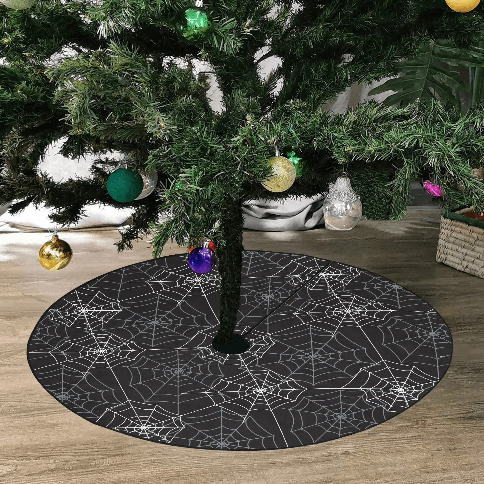 Spiderweb Halloween Tree Skirt, Black Goth Vampire Christmas Stand Base Cover Home Decor Decoration All Hallows Eve Creepy Spooky Party