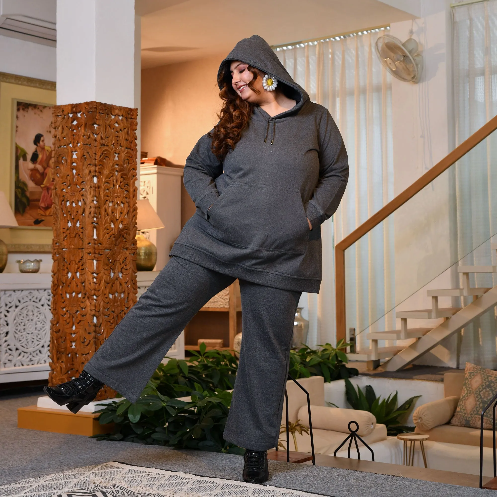 Steel Grey woollen fleece pullover hoodie with side slits