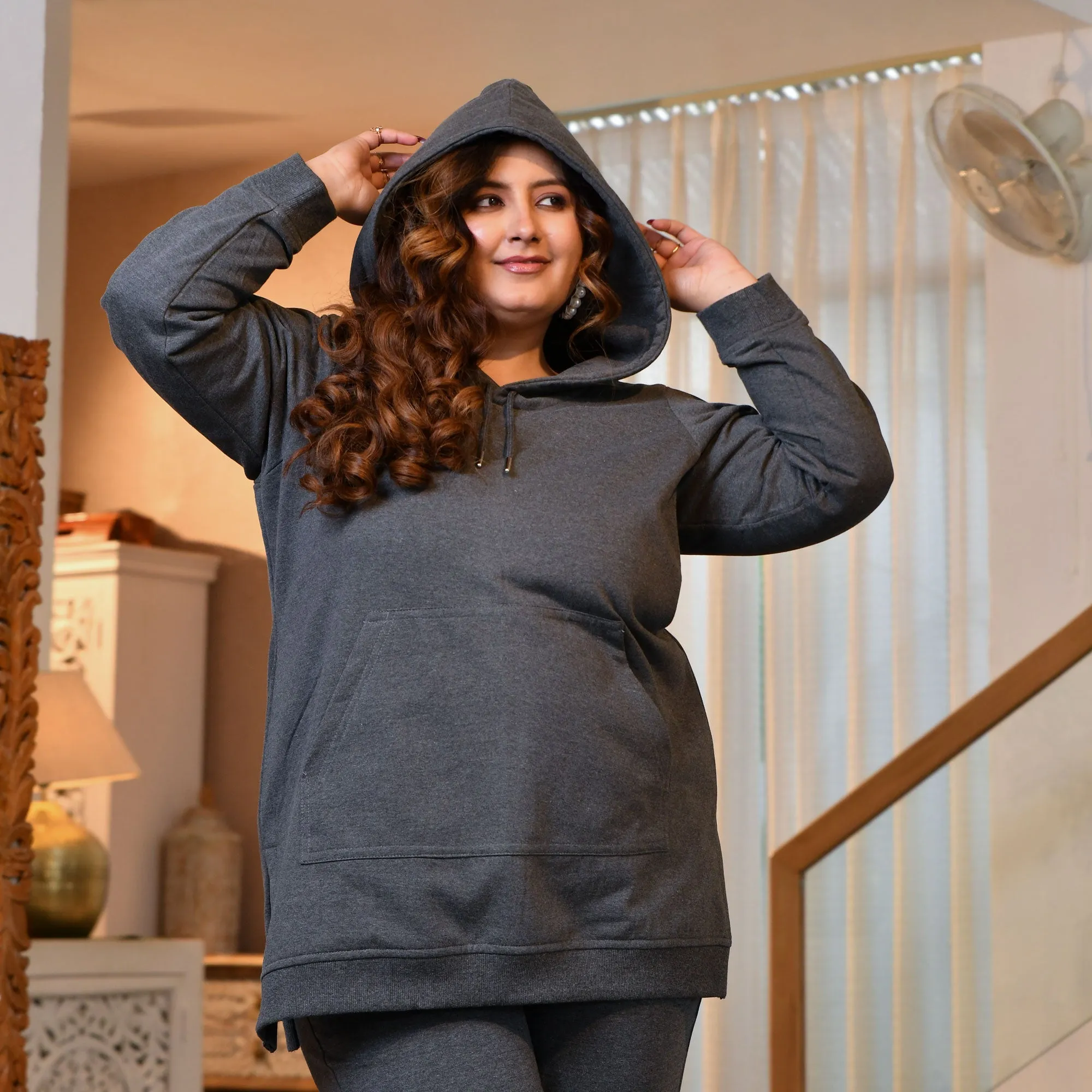 Steel Grey woollen fleece pullover hoodie with side slits