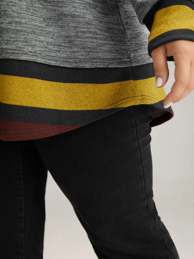 Striped Heather Patchwork Curved Hem Sweatshirt