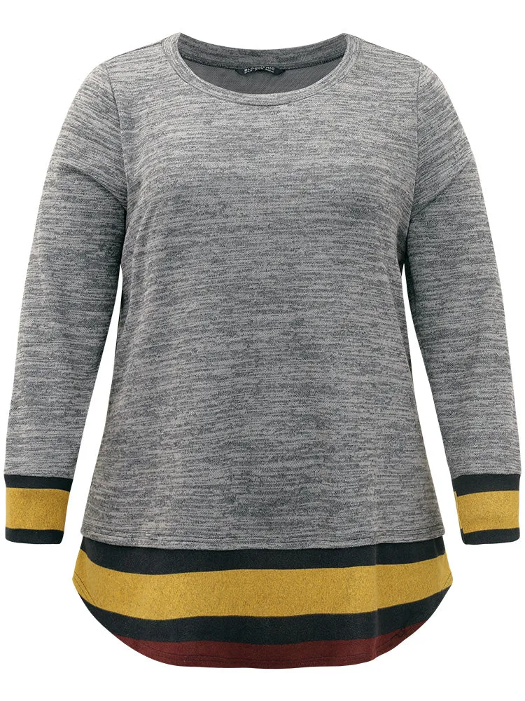 Striped Heather Patchwork Curved Hem Sweatshirt