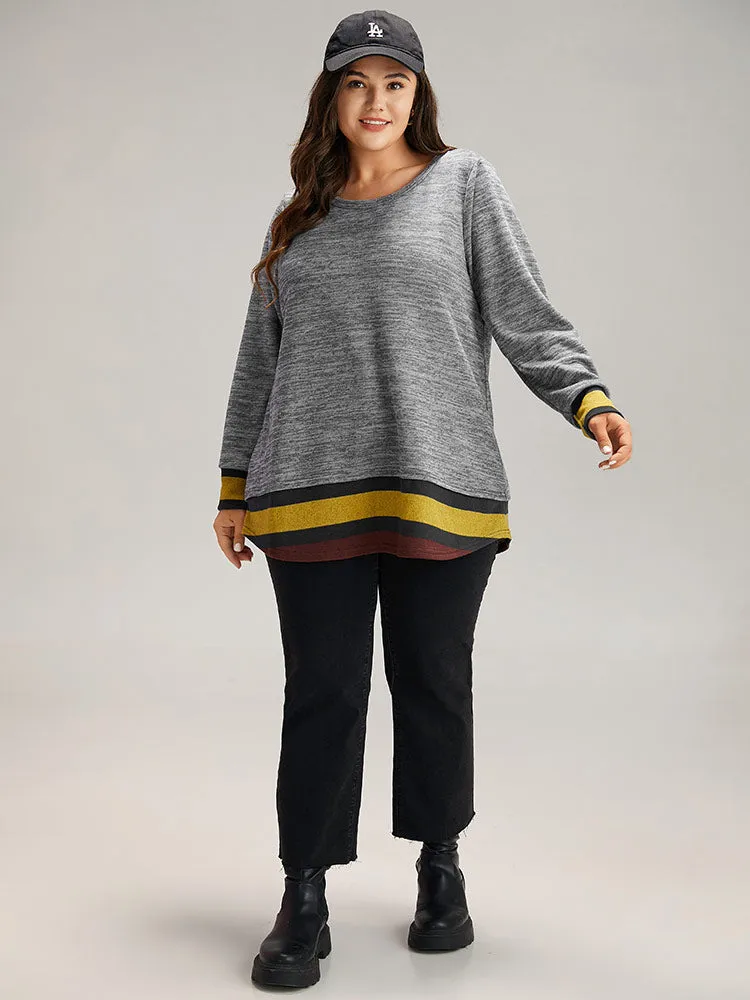 Striped Heather Patchwork Curved Hem Sweatshirt