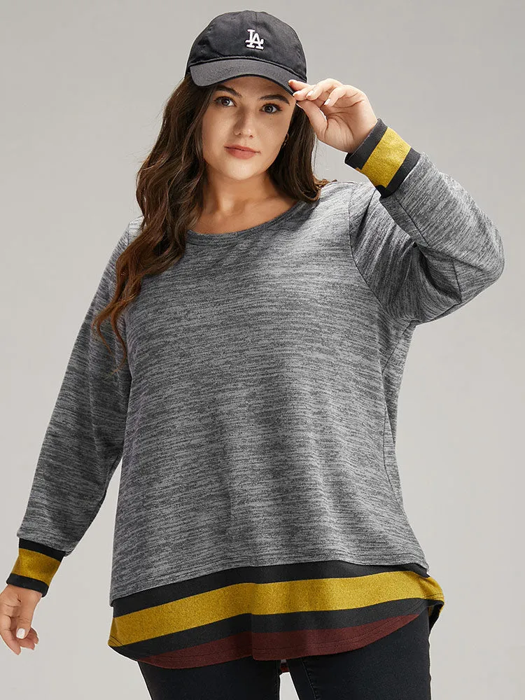 Striped Heather Patchwork Curved Hem Sweatshirt