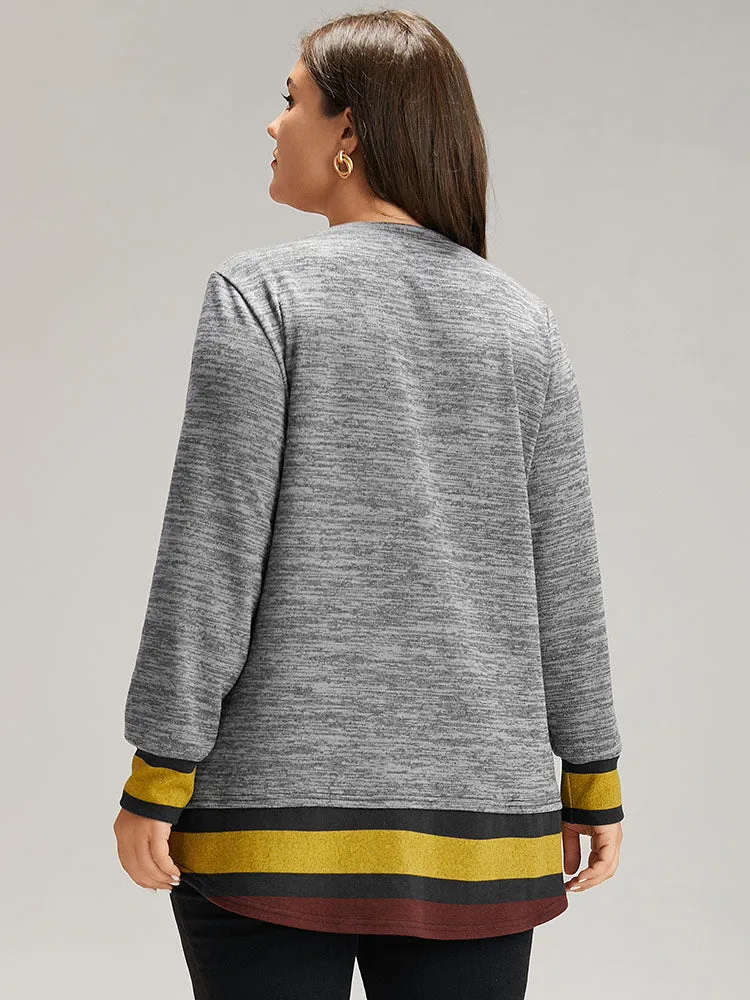 Striped Heather Patchwork Curved Hem Sweatshirt