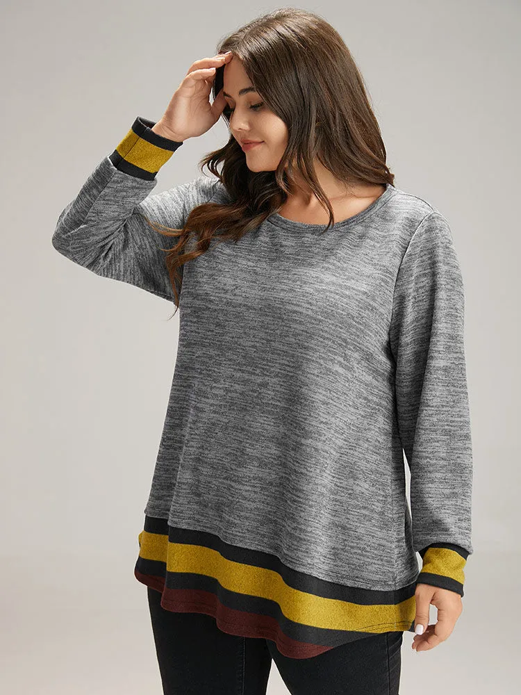 Striped Heather Patchwork Curved Hem Sweatshirt