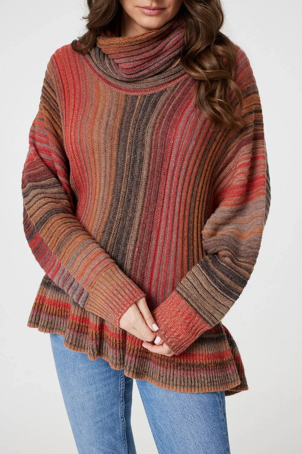 Striped Oversized Frill Roll Neck Jumper