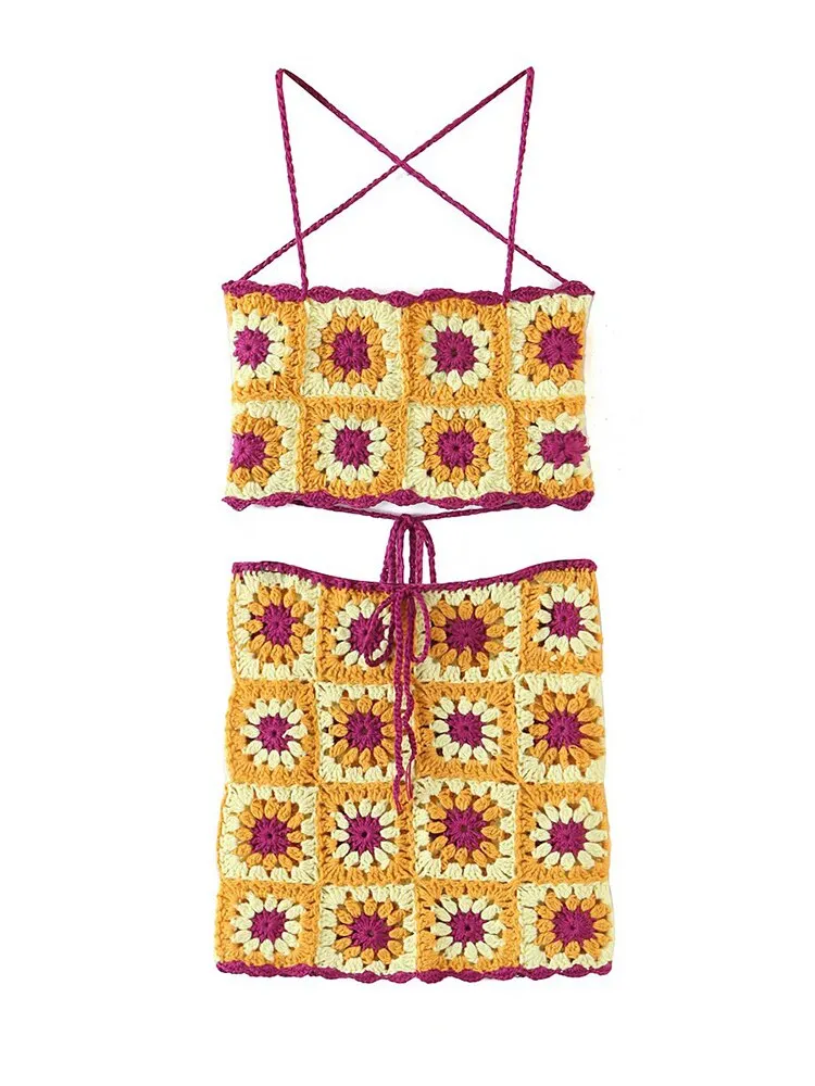 Sunflowers Granny Squares Cami Or Skirt Yellow Daisy Crochet Midrift Cami Top With Lace Up Back Mini Skirt With Drawstring Waist Great For Festivals Clubbing Bikini Swimsuit Cover Up One Size