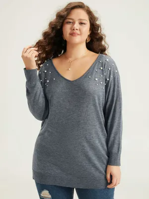 Supersoft Essentials Heather Pearl Beaded V Neck Pullover