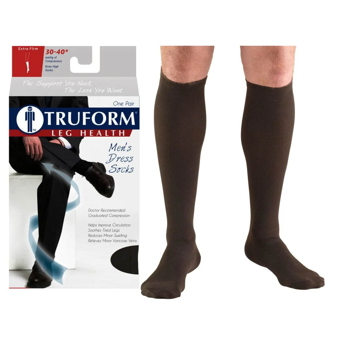 Surgical Appliance Truform® Men's Dress Support Socks, Knee High, Closed Toe, 30 to 40mmHg, XL, Brown