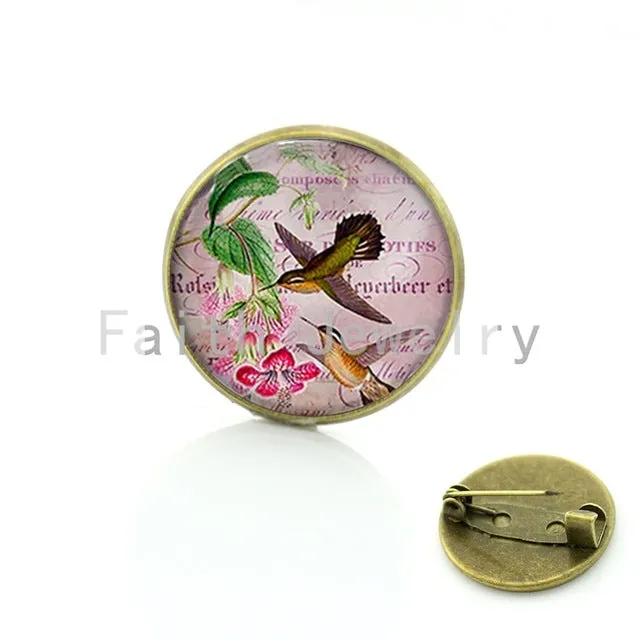 TAFREE Vintage Woman animal brooch Glass dome art picture birds brooches pins for Suit Sweater carves Animal Jewelry BP01