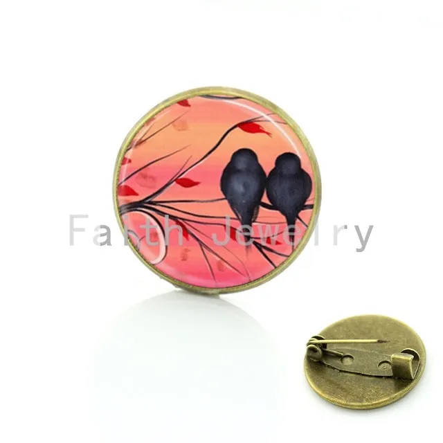 TAFREE Vintage Woman animal brooch Glass dome art picture birds brooches pins for Suit Sweater carves Animal Jewelry BP01