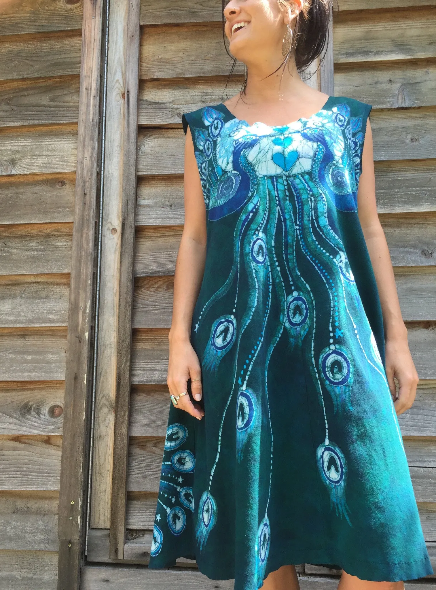 Teal Kissing Peacocks Organic Cotton Batik Dress