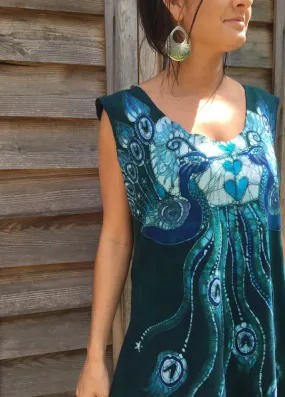 Teal Kissing Peacocks Organic Cotton Batik Dress