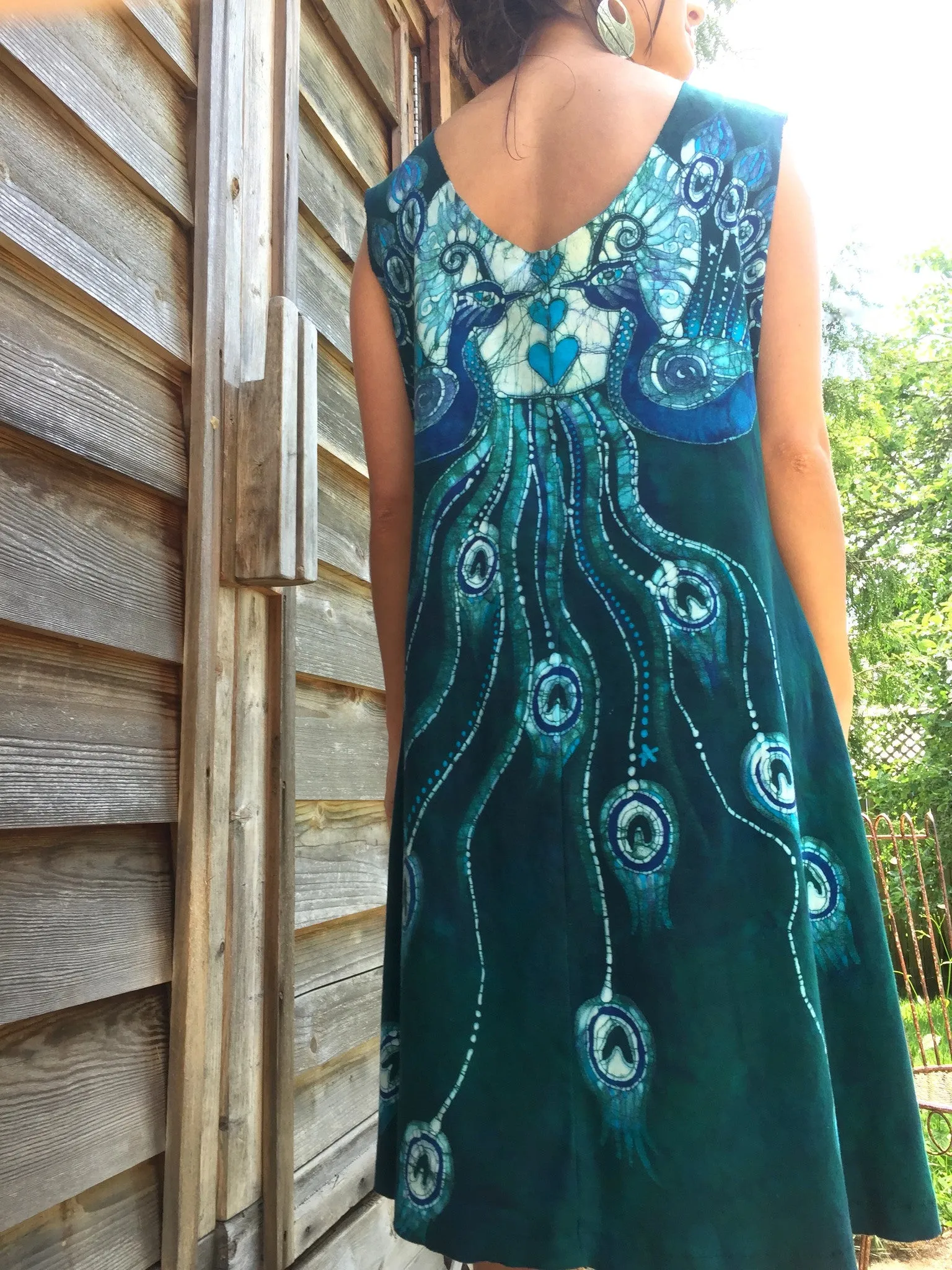 Teal Kissing Peacocks Organic Cotton Batik Dress