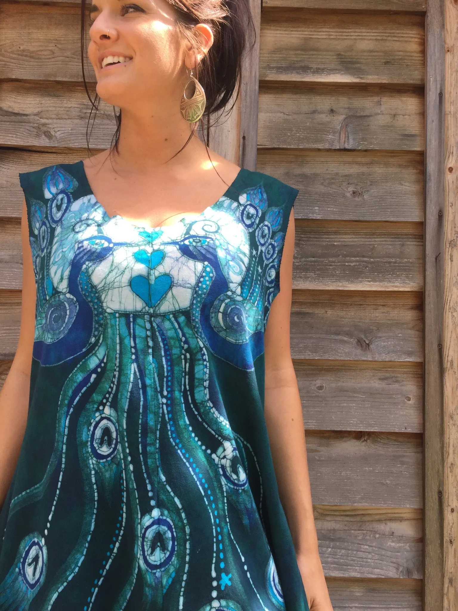 Teal Kissing Peacocks Organic Cotton Batik Dress