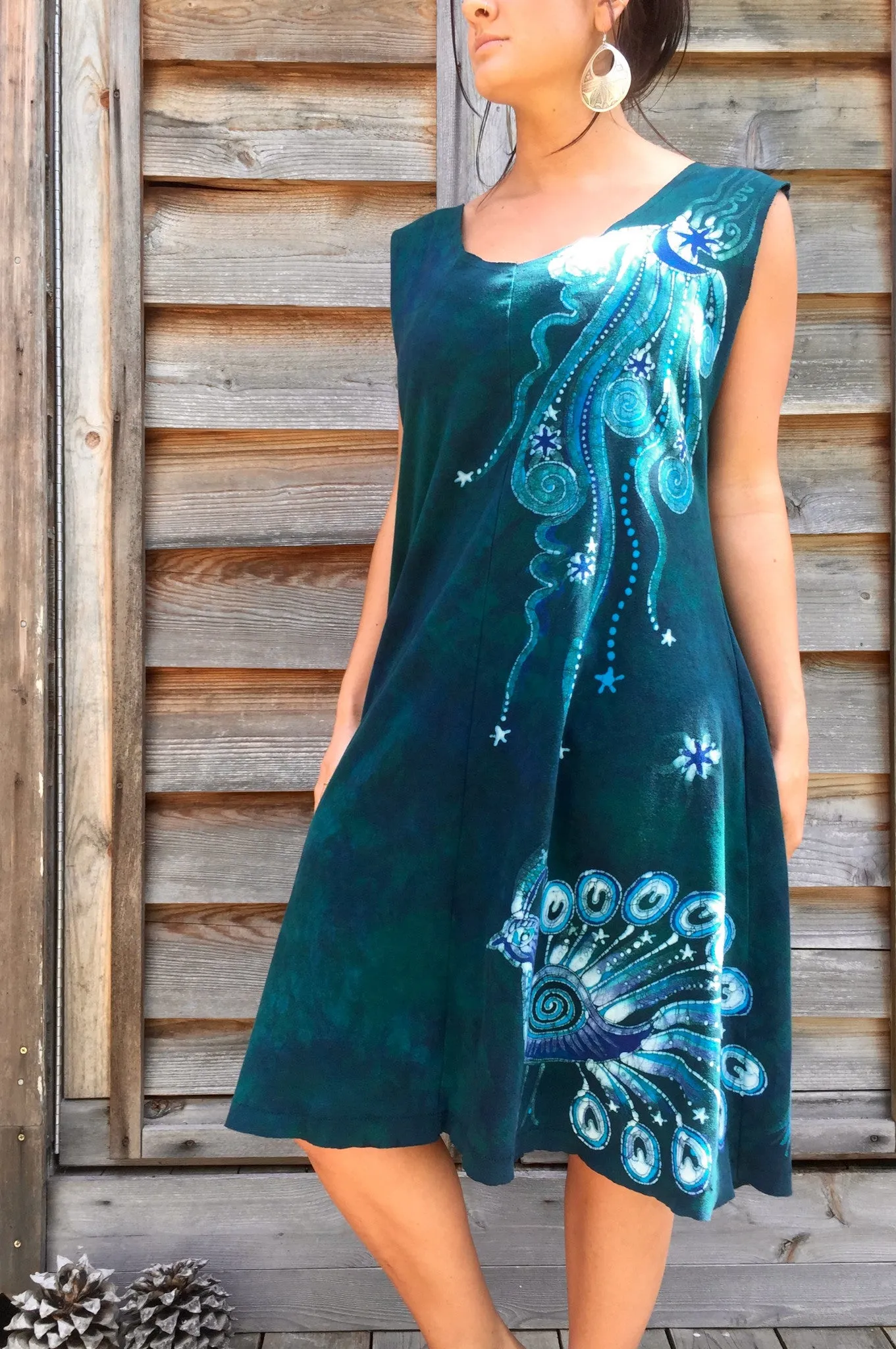 Teal Kissing Peacocks Organic Cotton Batik Dress