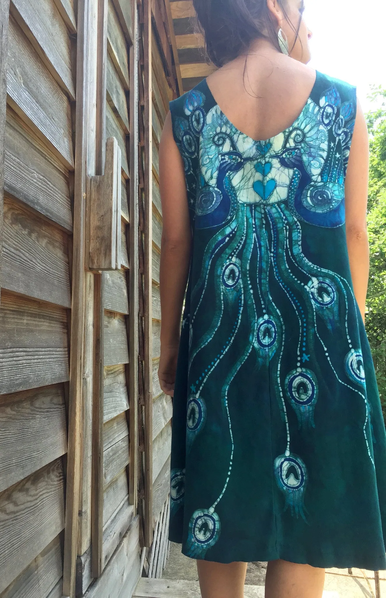 Teal Kissing Peacocks Organic Cotton Batik Dress