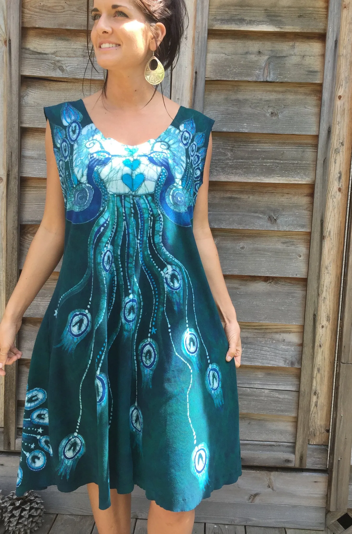 Teal Kissing Peacocks Organic Cotton Batik Dress