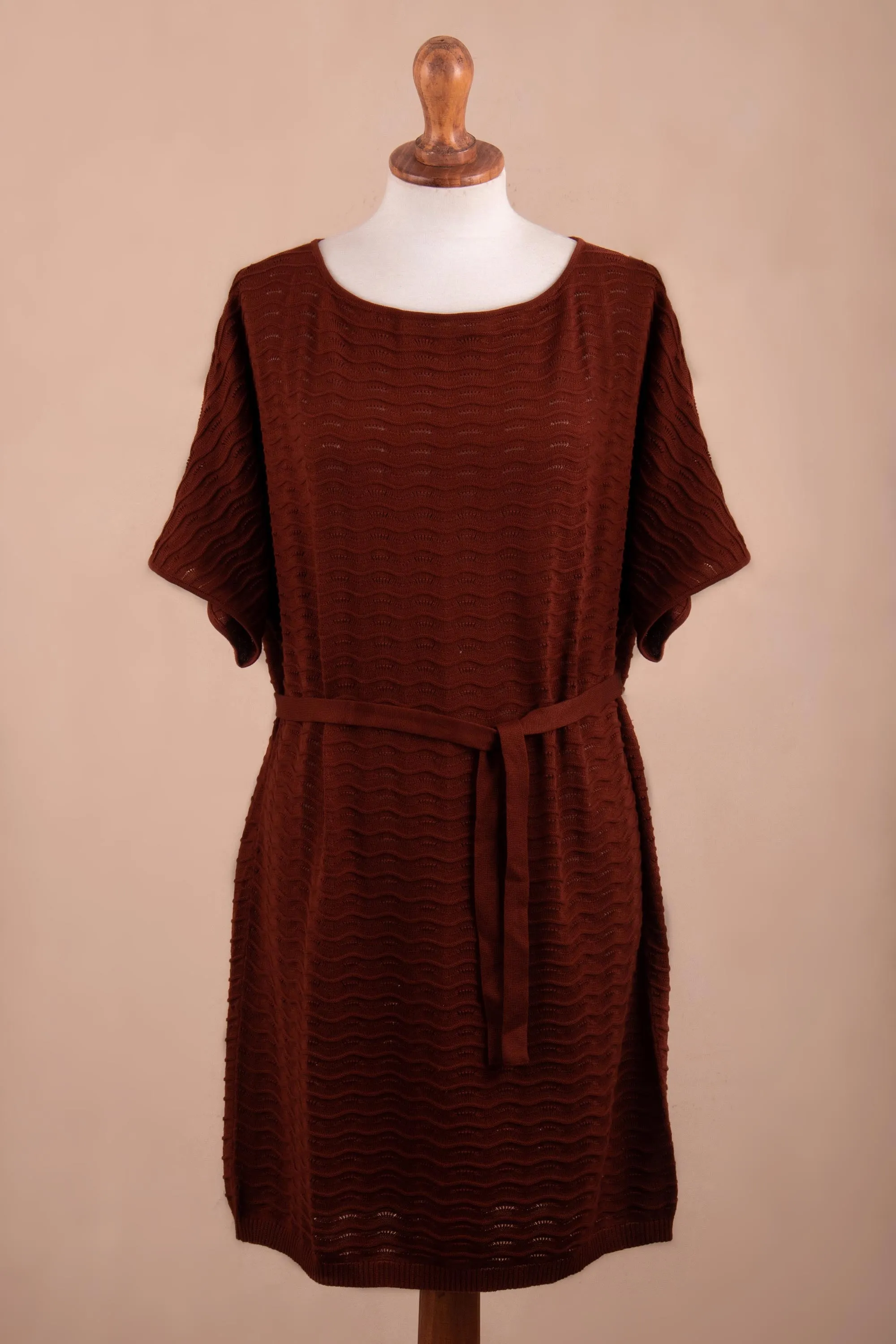 Thalu in Rust Cotton Knitted Belted T-Shirt Dress in Russet Red from Peru