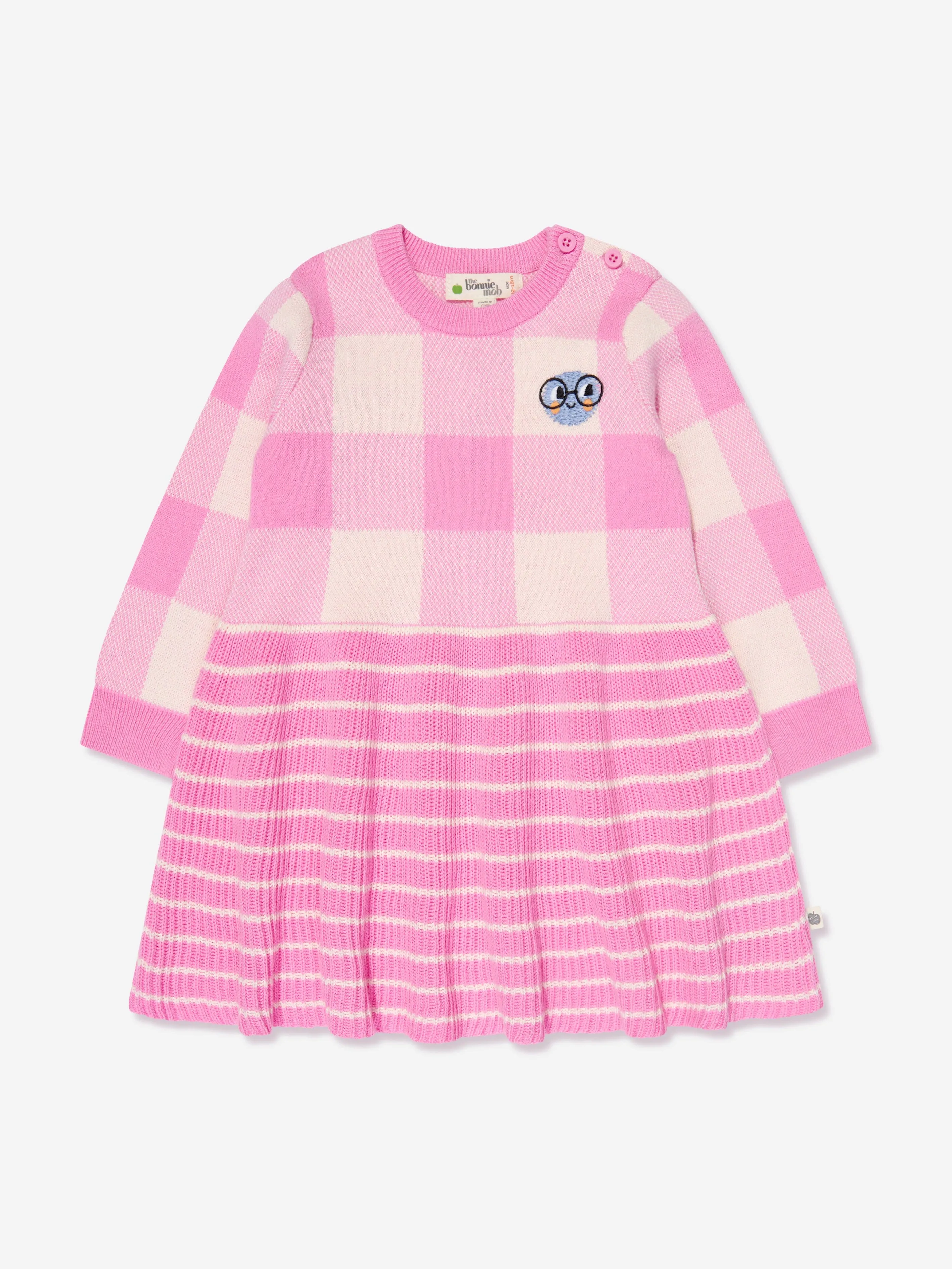 The Bonnie Mob Girls Knitted Check Jacquard Dress in Pink