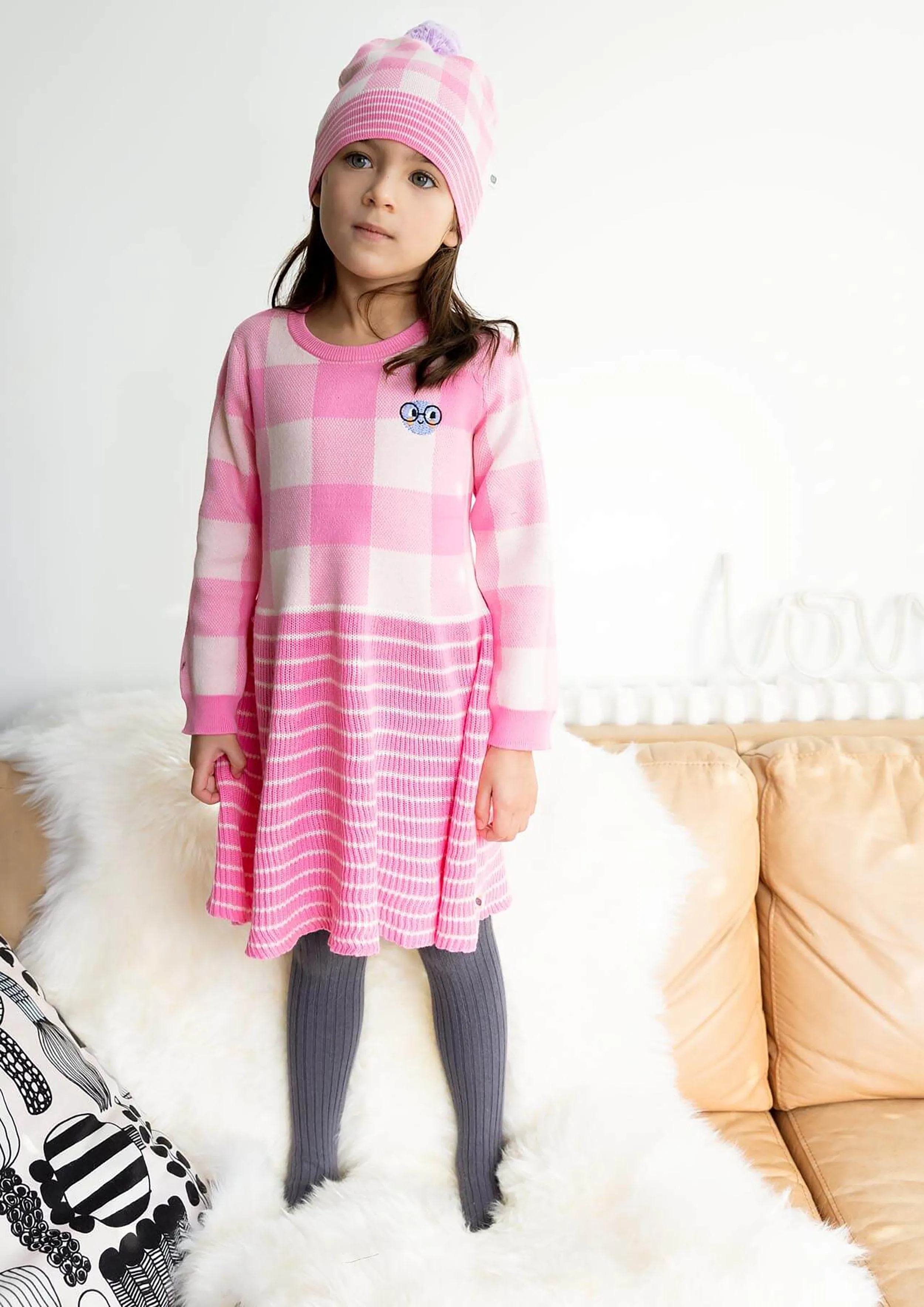 The Bonnie Mob Girls Knitted Check Jacquard Dress in Pink