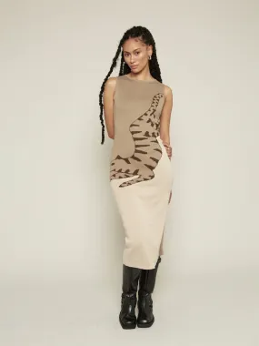 Tiger Doodle Knit Midi Dress: Beige