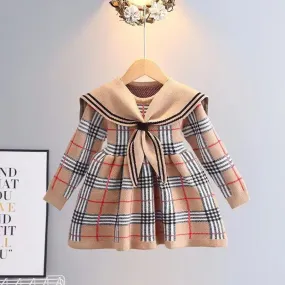 Toddler Girl Sweater Dress 2023 New Autumn Winter Warm 1-7Y Girls Plaid Knitted Sweater Dress Bow College Style Kids Clothes