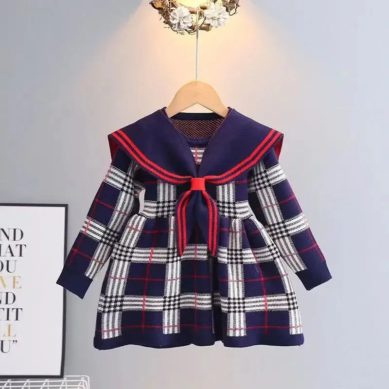 Toddler Girl Sweater Dress 2023 New Autumn Winter Warm 1-7Y Girls Plaid Knitted Sweater Dress Bow College Style Kids Clothes