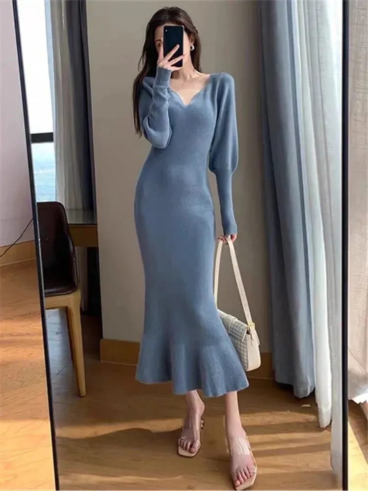 Toleet-Blue Long Sleeve Women Knitted Fishtail Dresses Autumn Winter New Fashion Slim V-neck Thick Sweater Long Dress Vintage French