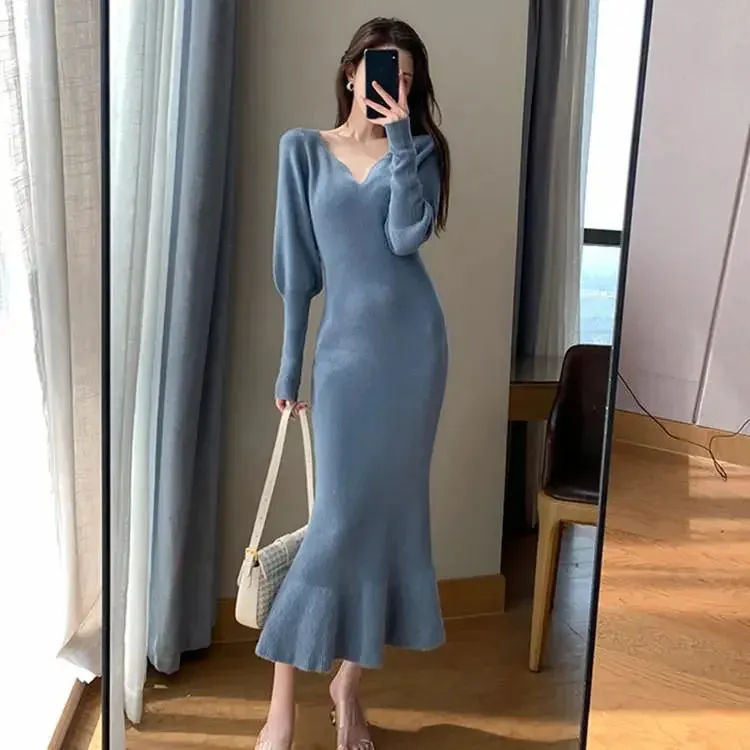 Toleet-Blue Long Sleeve Women Knitted Fishtail Dresses Autumn Winter New Fashion Slim V-neck Thick Sweater Long Dress Vintage French