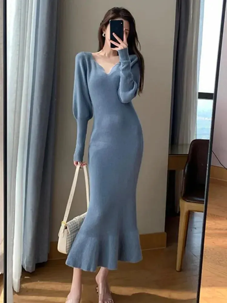 Toleet-Blue Long Sleeve Women Knitted Fishtail Dresses Autumn Winter New Fashion Slim V-neck Thick Sweater Long Dress Vintage French