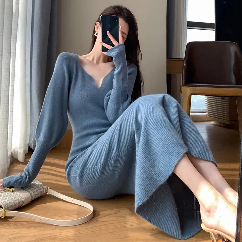 Toleet-Blue Long Sleeve Women Knitted Fishtail Dresses Autumn Winter New Fashion Slim V-neck Thick Sweater Long Dress Vintage French