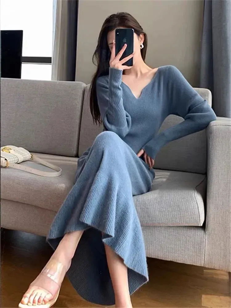 Toleet-Blue Long Sleeve Women Knitted Fishtail Dresses Autumn Winter New Fashion Slim V-neck Thick Sweater Long Dress Vintage French