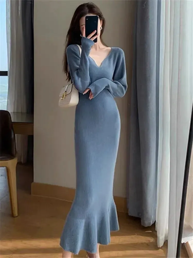 Toleet-Blue Long Sleeve Women Knitted Fishtail Dresses Autumn Winter New Fashion Slim V-neck Thick Sweater Long Dress Vintage French