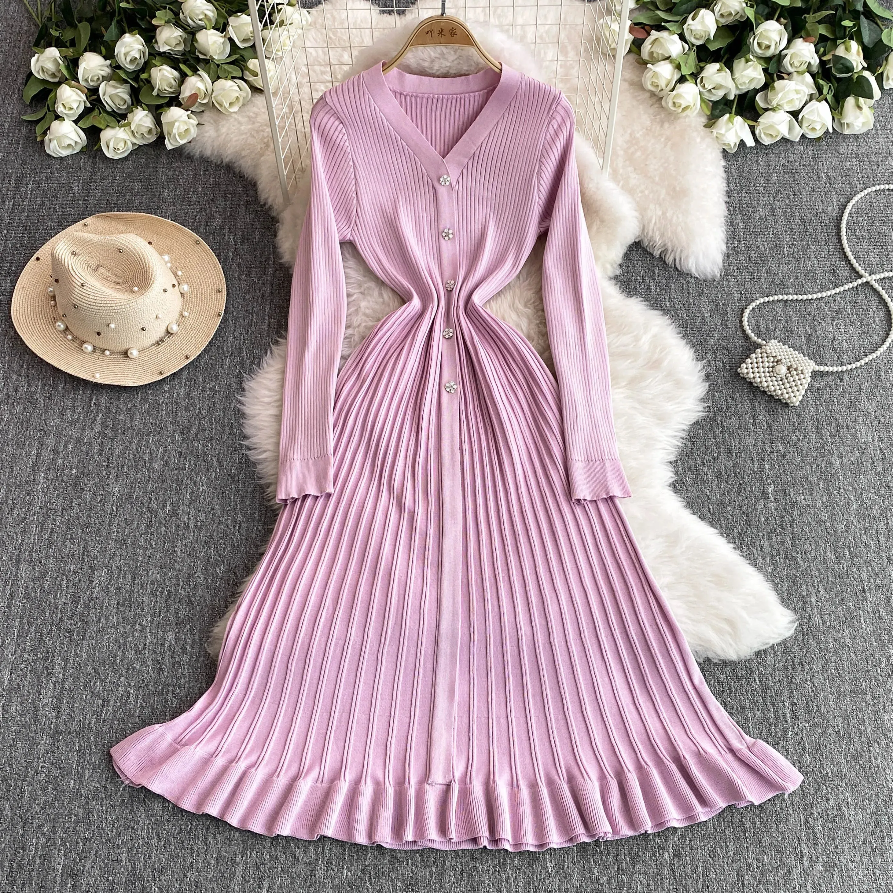 Toleet-Winter Outfits Christmas Black Friday 2024 Autumn/Winter Purple Knitted Sweater Dress Female Long Sleeve Knitted Coat Inner Undercover Maxi-Long Dress