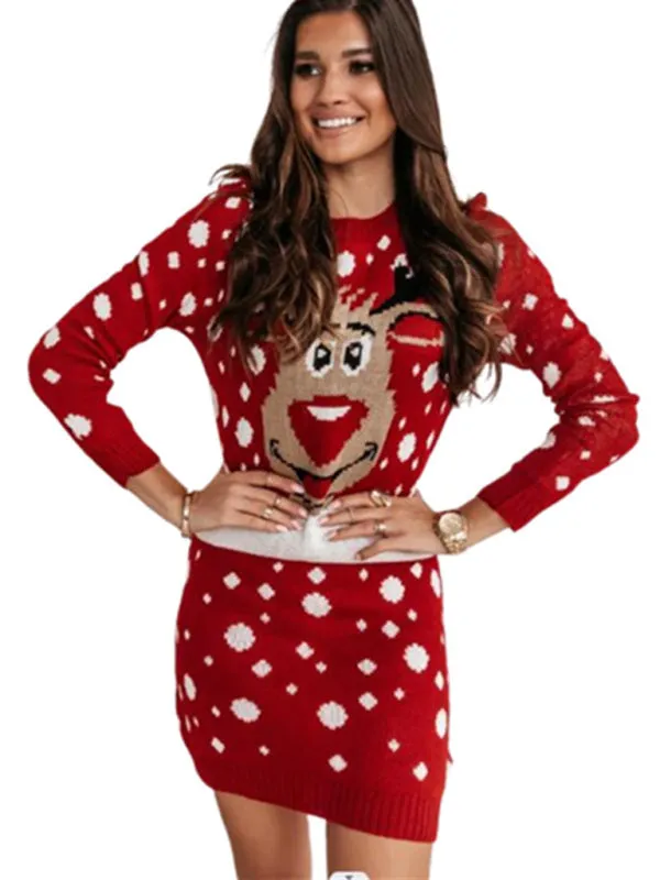 Toleet-Winter outfits Women's Christmas Elk Jacquard Sweater Long Sleeve Dress