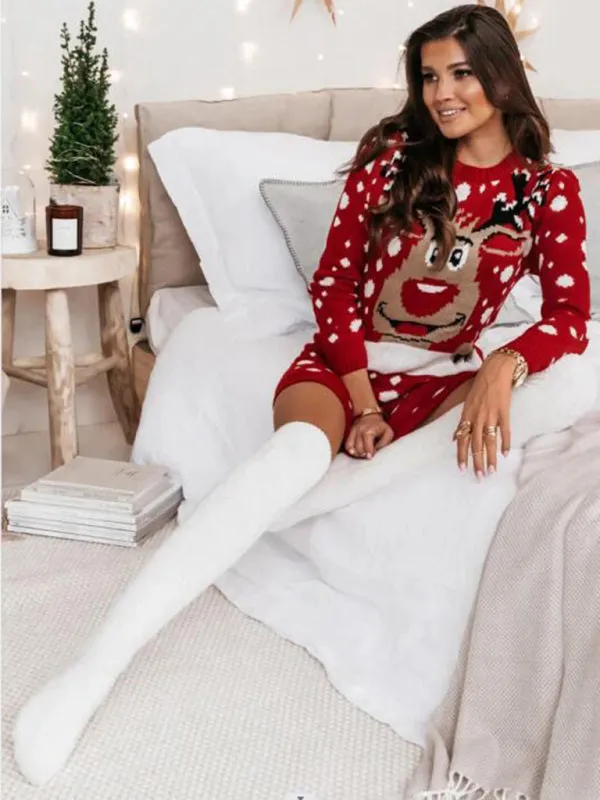 Toleet-Winter outfits Women's Christmas Elk Jacquard Sweater Long Sleeve Dress