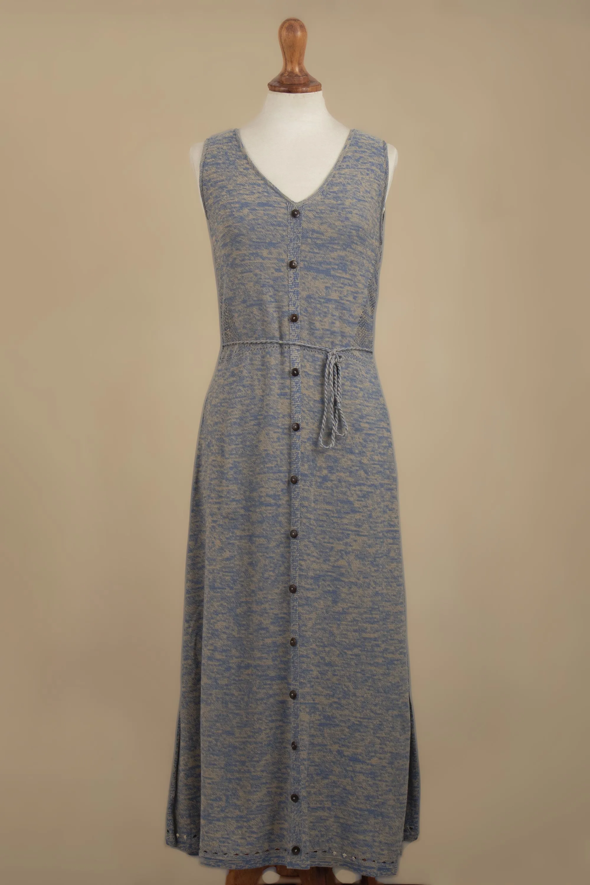 Toqo in Heathered Sky Blue Organic Cotton Buttoned Maxi Dress in Cerulean from Peru