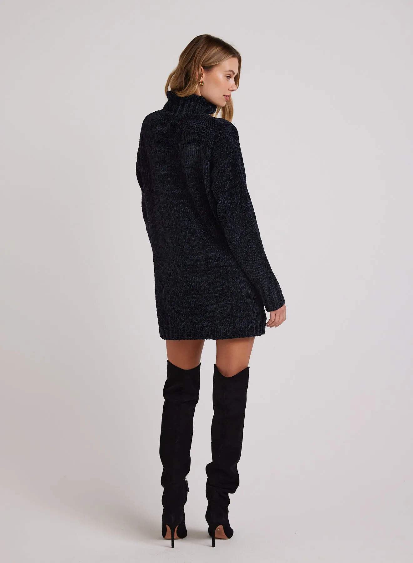 Turtle Neck Chenille Sweater Dress- Black