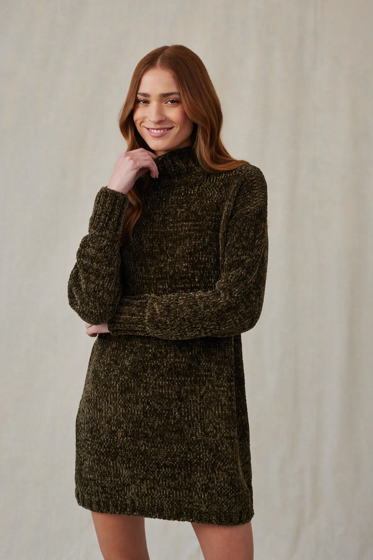 Turtle Neck Chenille Sweater Dress - Italian Herb