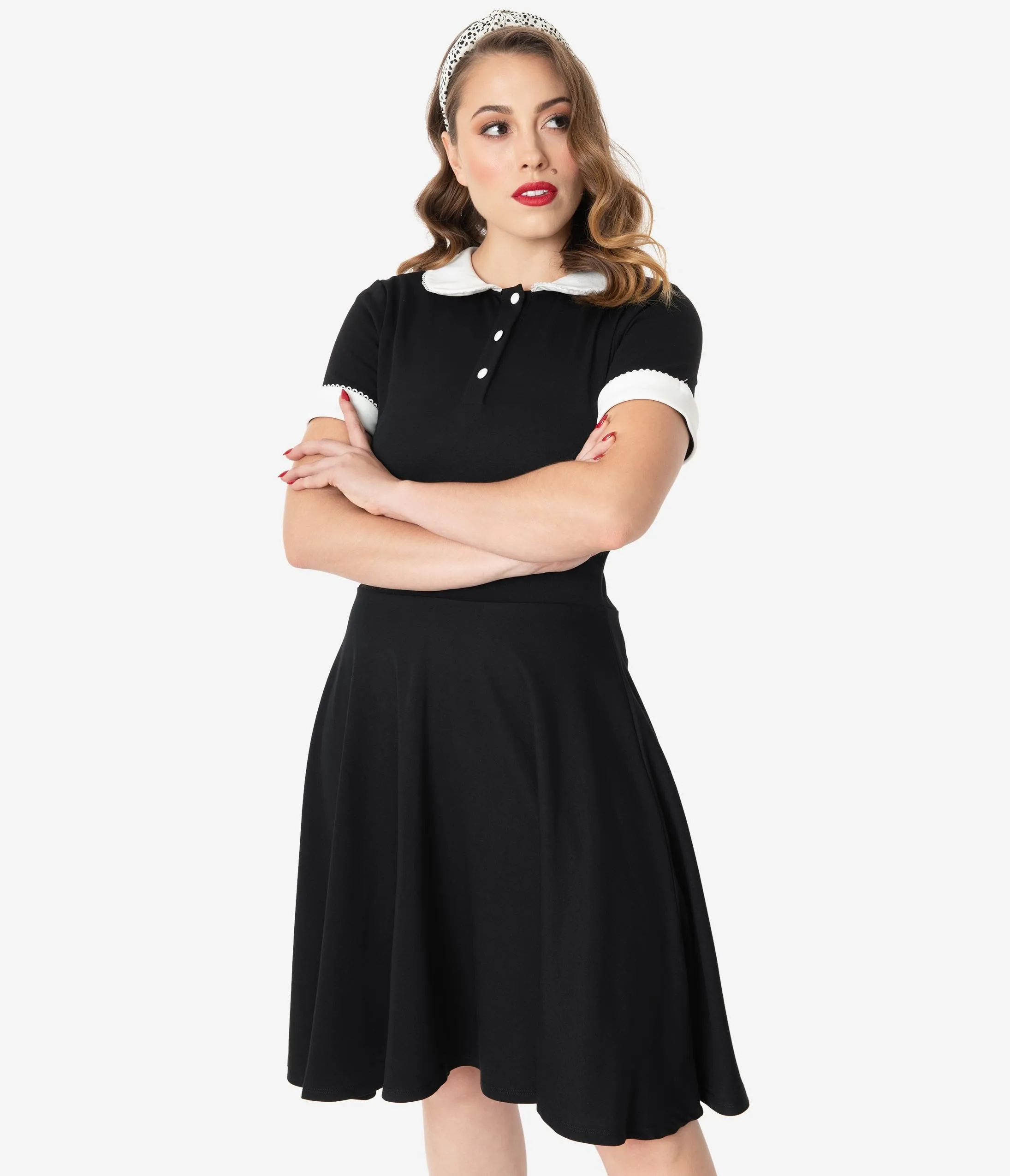 Unique Vintage Black & Ivory Collar Velma Fit & Flare Dress