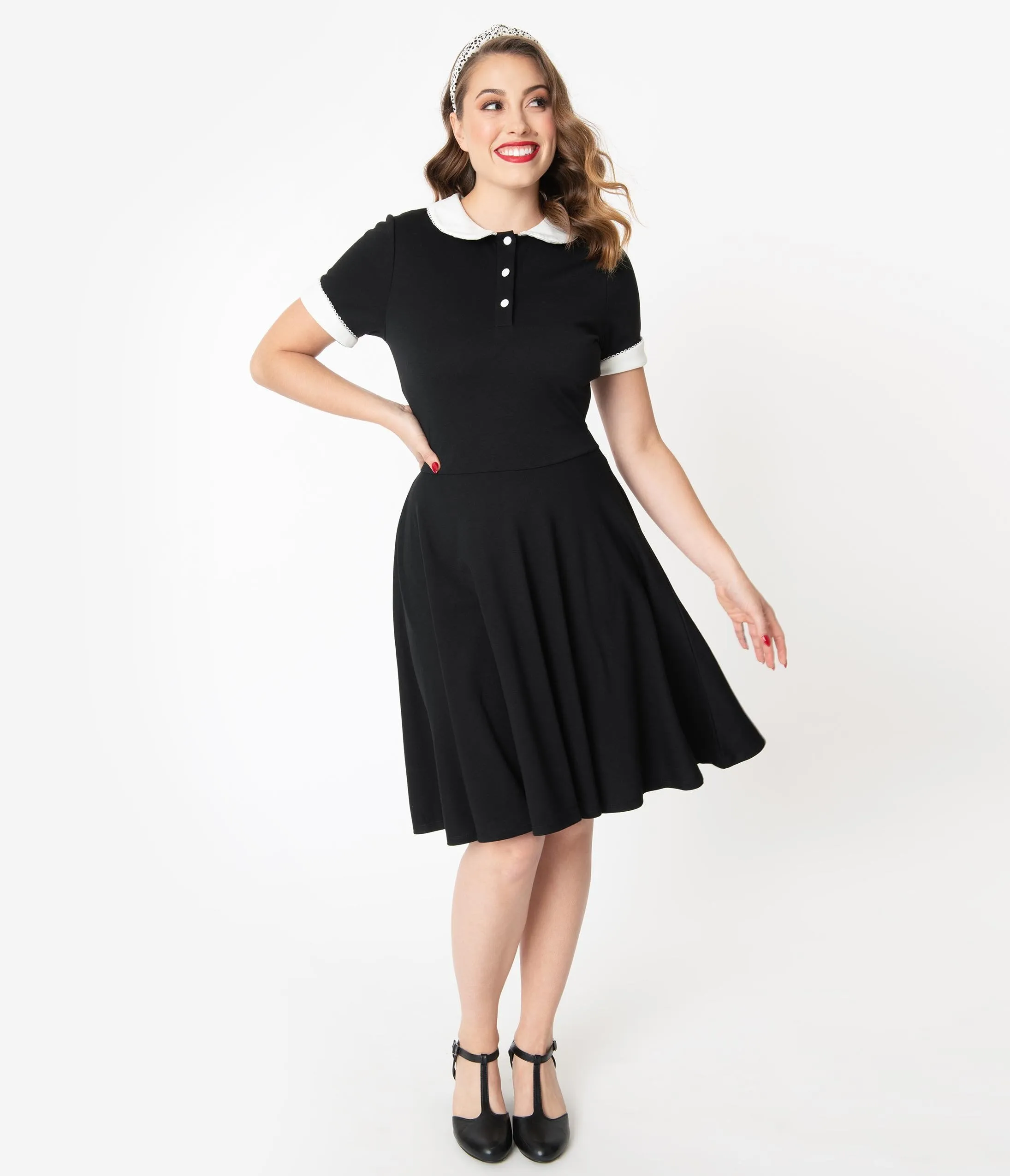 Unique Vintage Black & Ivory Collar Velma Fit & Flare Dress