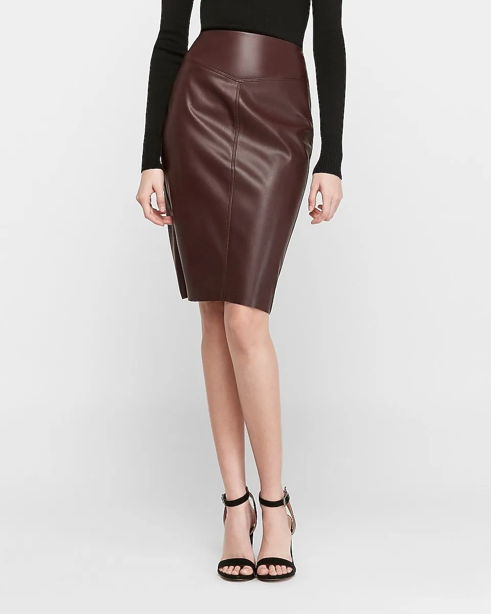 Vegan Leather Seamed Pencil Skirt in Cabernet