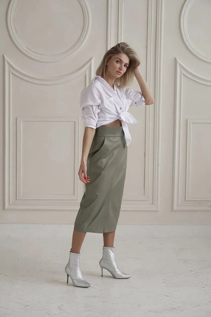 Verde Vogue Eco-leather midi pencil skirt