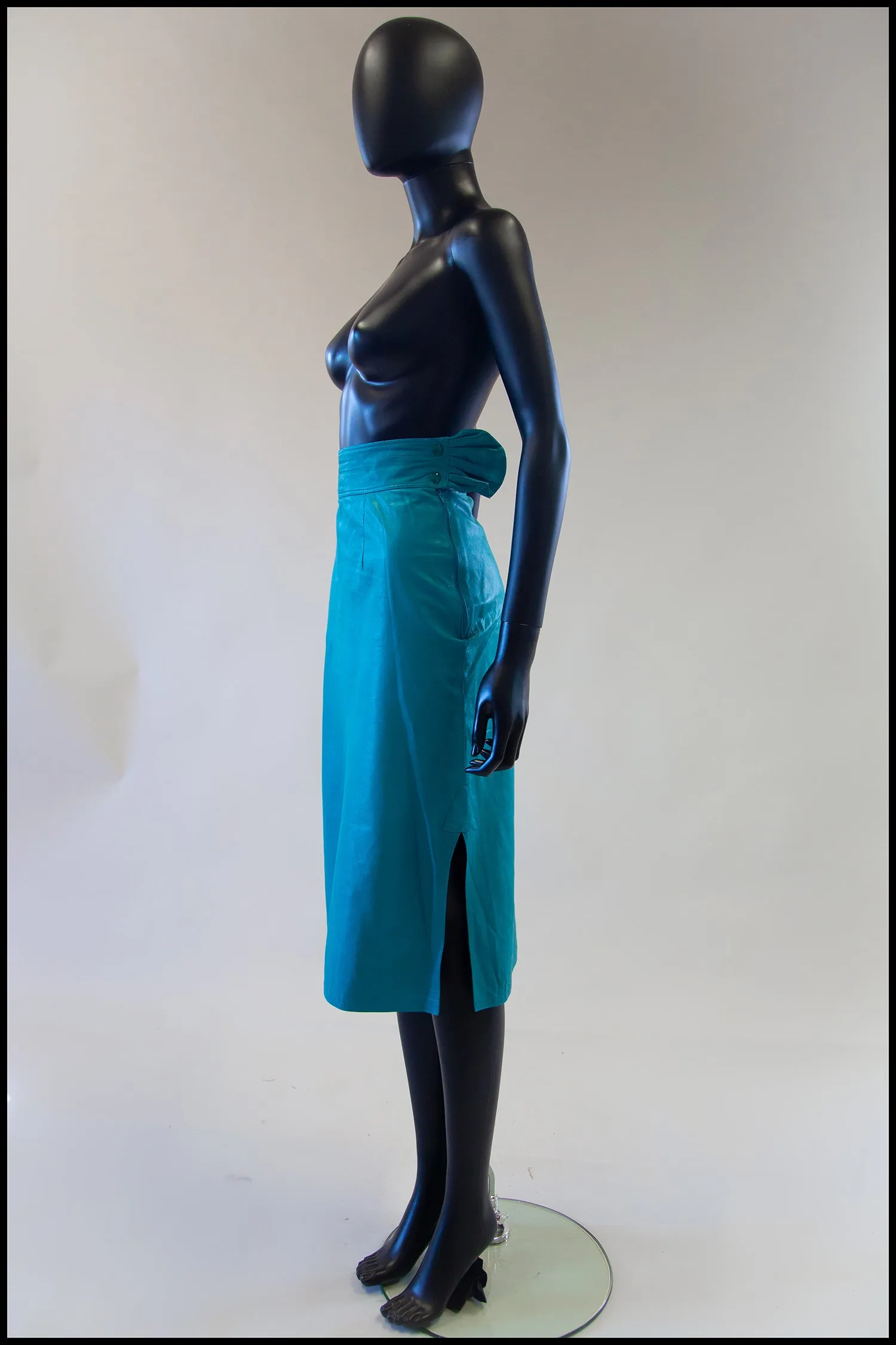 Vintage 1980s Turquoise Leather Pencil Skirt