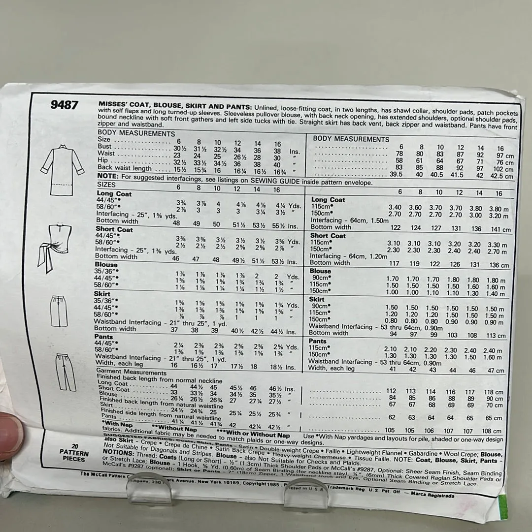 Vintage MCCALL'S Pattern, Misses' Coat, Skirt & Pants (PMC9487)