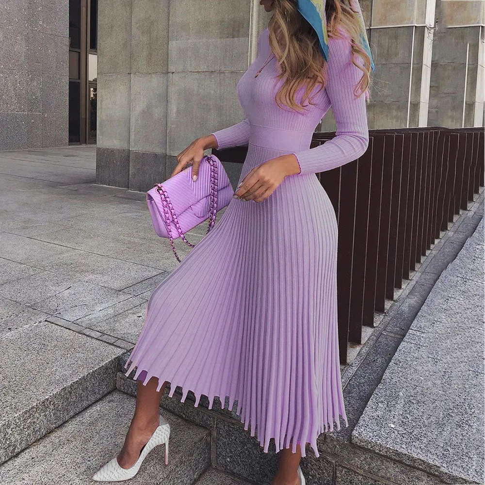 WENKOUBAN 2022 new autumn and winter new fashion temperament women's mid-length sweater knitted solid color pleated dress