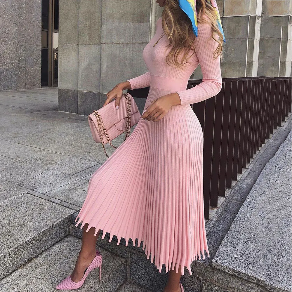 WENKOUBAN 2022 new autumn and winter new fashion temperament women's mid-length sweater knitted solid color pleated dress