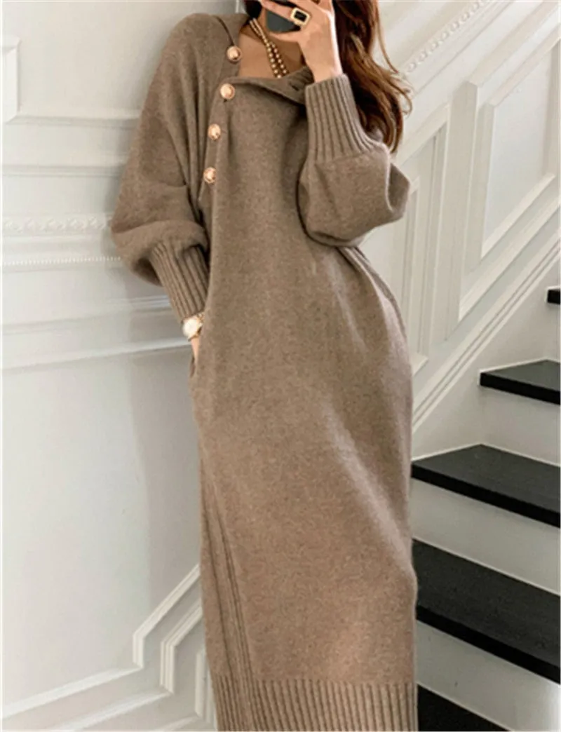 Wenkouban Winter Turtleneck Buttons Women Knitted Dress Elegant Full Sleeve Lace-up Female Thicken Long Sweater Dress For New Year 2022